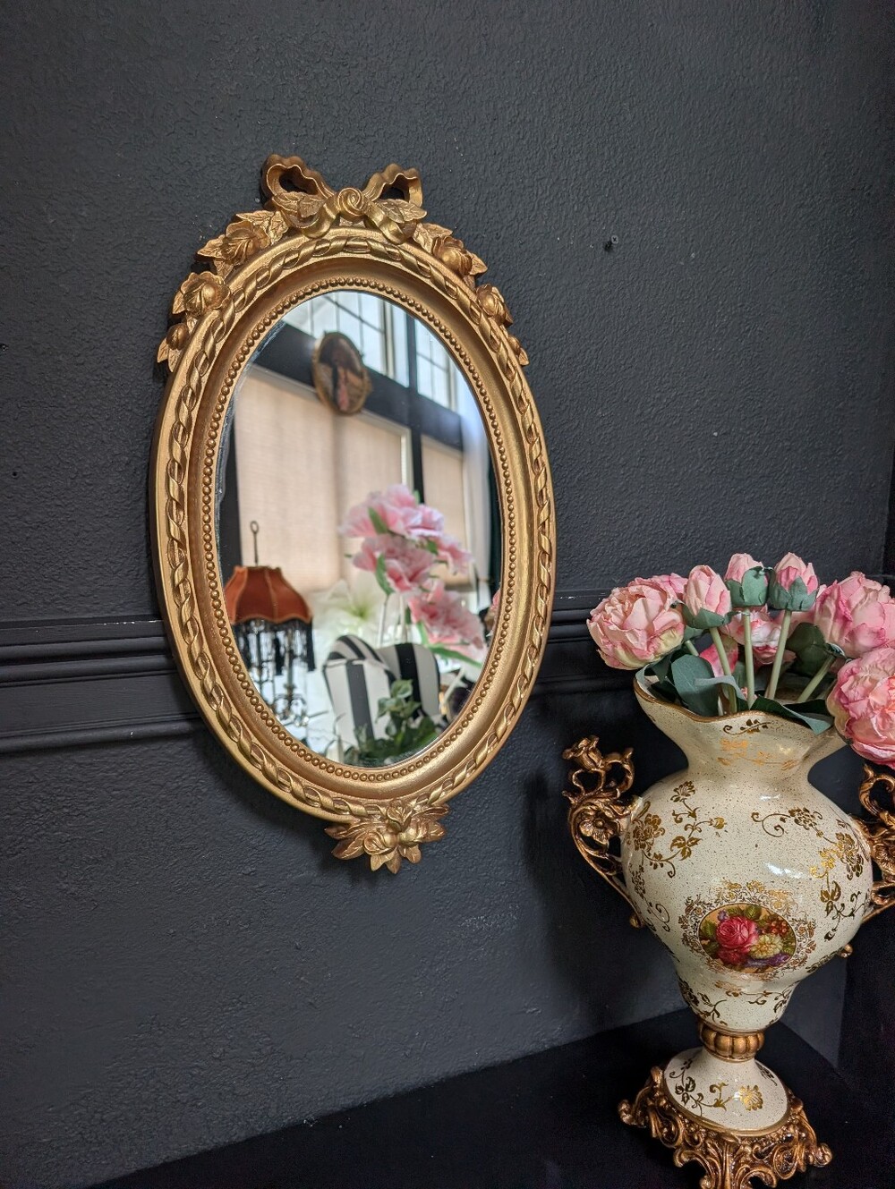 Vintage Home Interiors Hollywood Regency Oval Gold Frame Mirror, Bow 21" x 12.5"
